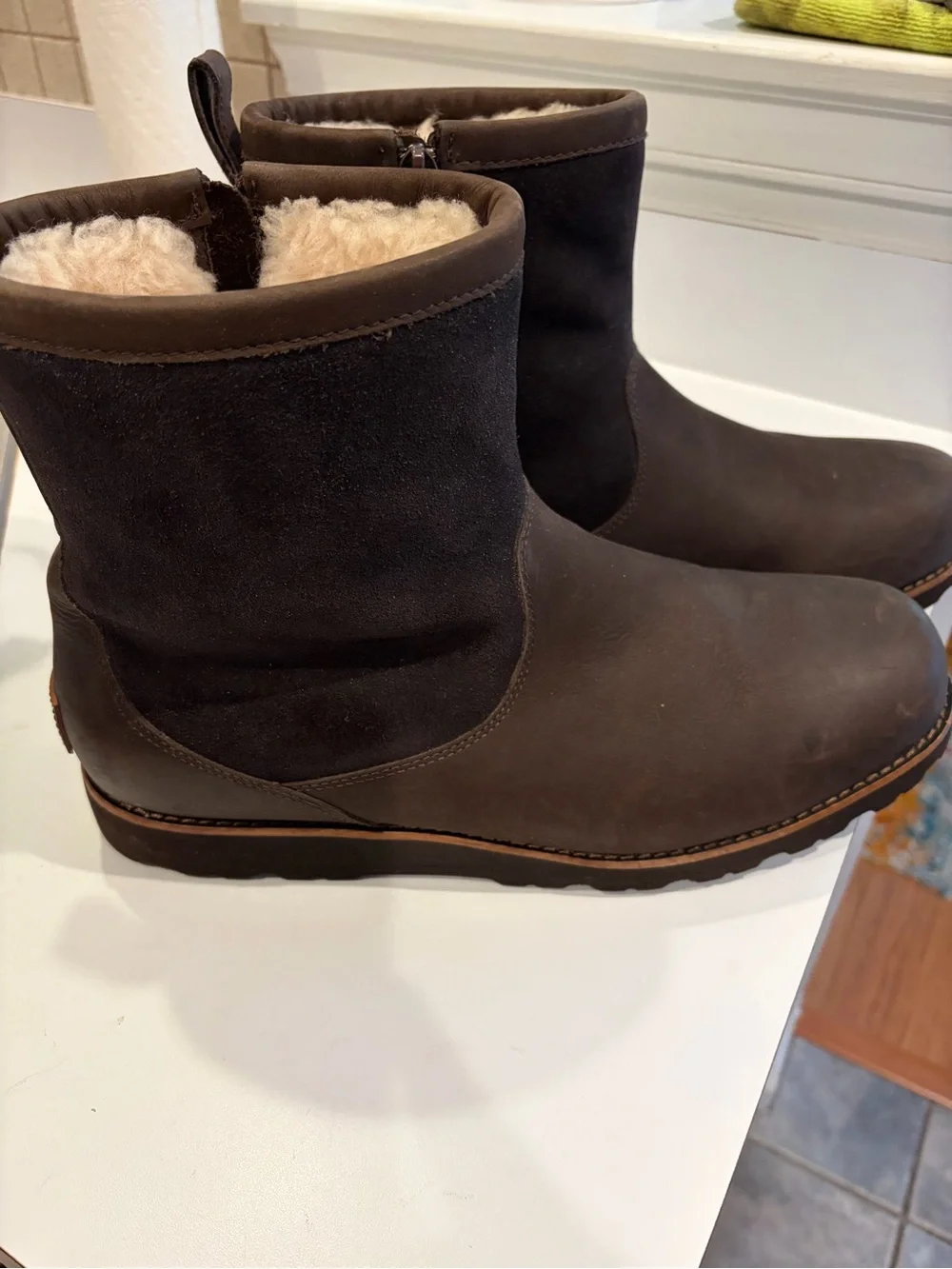 UGG Men's Dark Brown Leather and Suede Shearling Boots with Zipper